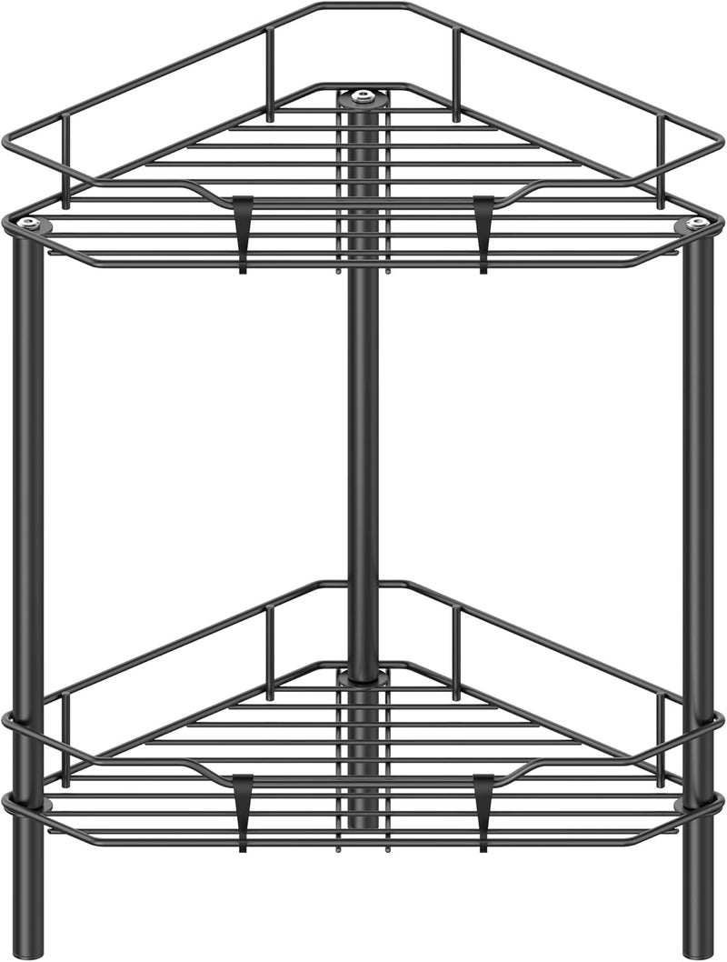 HuggieGems 2 Tier Floor Standing Corner Shower Caddy Organizer Shelf with Hooks, Bathroom Shelves Stand Rack, Black - Image 1